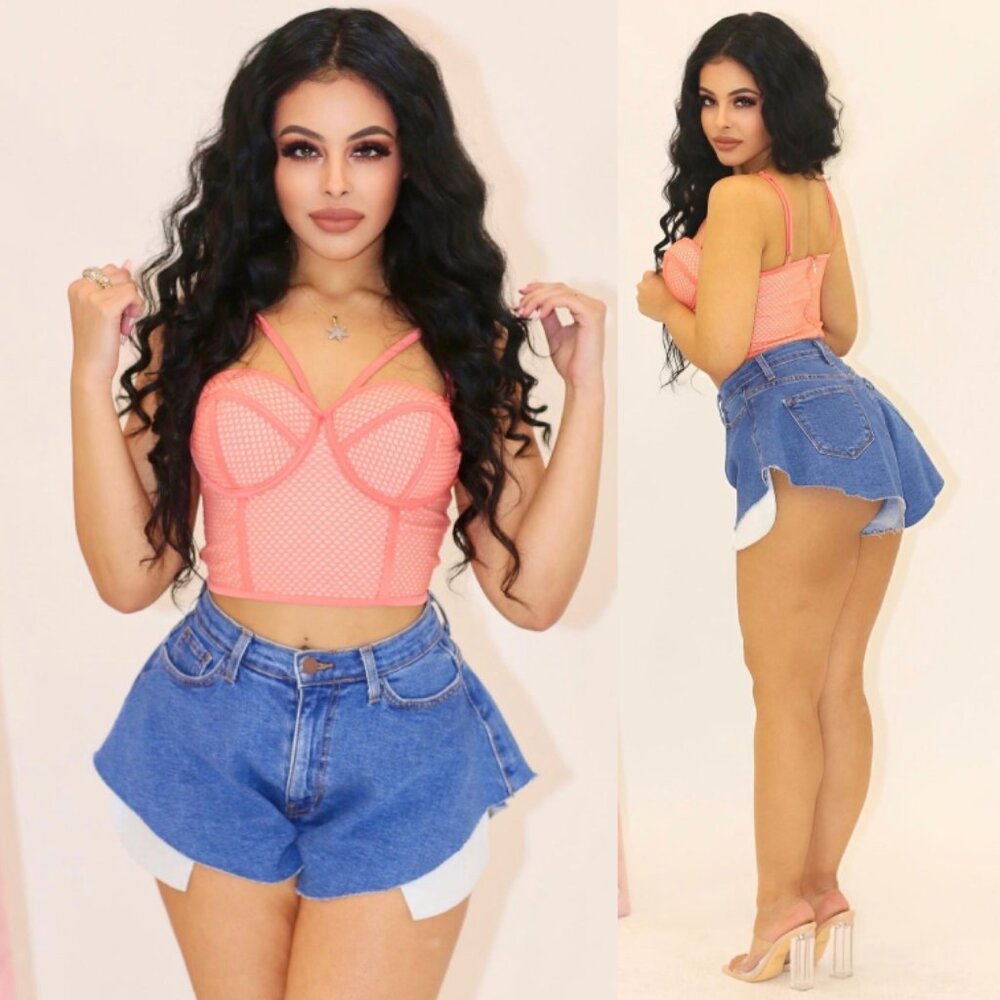 Strappy Mesh Bustier Short Crop Top - Orange